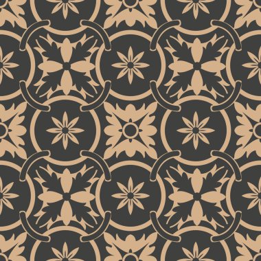 Vektör damasko Dikişsiz retro desen arka plan yuvarlak çapraz çerçeve zincir yaprak çiçek eğrisi. Zarif lüks kahverengi tonlu tasarım duvar kağıtları, arka planında ve sayfa doldurmak için.