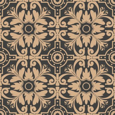 Vektör damasko Dikişsiz retro desen arka plan sarmal eğri tüy yaprak çiçek çapraz yuvarlak. Zarif lüks kahverengi tonlu tasarım duvar kağıtları, arka planında ve sayfa doldurmak için.