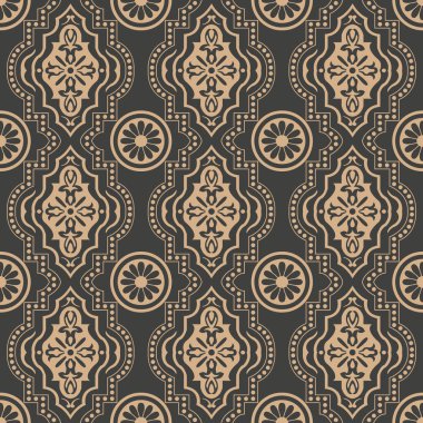 Vektör damasko Dikişsiz retro desen arka plan yuvarlak nokta çizgi çerçeve çiçek çapraz eğrisi. Zarif lüks kahverengi tonlu tasarım duvar kağıtları, arka planında ve sayfa doldurmak için.