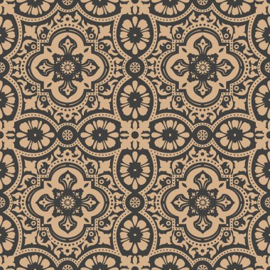 Vektör damasko Dikişsiz retro desen arka plan eğrisi Botanik Bahçe çiçek çiçek dürbünü çapraz. Zarif lüks kahverengi tonlu tasarım duvar kağıtları, arka planında ve sayfa doldurmak için.