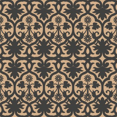 Vektör damasko Dikişsiz retro desen arka plan sarmal eğri botanik bahçe bitki asma yaprak çiçek. Zarif lüks kahverengi tonlu tasarım duvar kağıtları, arka planında ve sayfa doldurmak için.