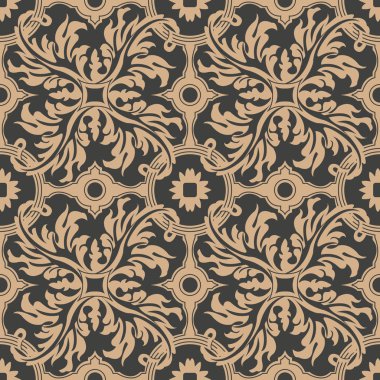 Vektör damasko Dikişsiz retro desen arka plan sarmal eğri tüy yaprak çiçek çapraz. Zarif lüks kahverengi tonlu tasarım duvar kağıtları, arka planında ve sayfa doldurmak için.