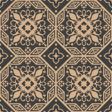 Vektör damasko Dikişsiz retro desen arka plan çokgen geometrisi çapraz çerçeve çiçek yaprak asma. Zarif lüks kahverengi tonlu tasarım duvar kağıtları, arka planında ve sayfa doldurmak için.