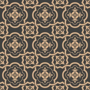 Vektör damasko Dikişsiz retro desen arka plan eğrisi sarmal çapraz çerçeve zincir yaprak çiçek. Zarif lüks kahverengi tonlu tasarım duvar kağıtları, arka planında ve sayfa doldurmak için.