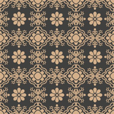 Vektör damasko Dikişsiz retro desen arka plan yuvarlak eğrisi sarmal çiçek yaprak asma çerçeve çapraz. Zarif lüks kahverengi tonlu tasarım duvar kağıtları, arka planında ve sayfa doldurmak için.