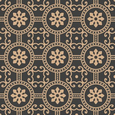Vektör damasko Dikişsiz retro desen arka plan yuvarlak çapraz çerçeve nokta çizgi çiçek. Zarif lüks kahverengi tonlu tasarım duvar kağıtları, arka planında ve sayfa doldurmak için.
