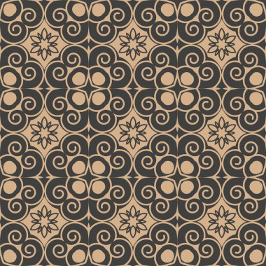Vektör damasko Dikişsiz retro desen arka plan oryantal sarmal girdap eğrisi çapraz çerçeve satır çiçek. Zarif lüks kahverengi tonlu tasarım duvar kağıtları, arka planında ve sayfa doldurmak için.