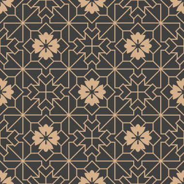 Vektör damasko Dikişsiz retro desen arka plan Çokgen yıldız geometri çapraz çerçeve satır çiçek. Zarif lüks kahverengi tonlu tasarım duvar kağıtları, arka planında ve sayfa doldurmak için.