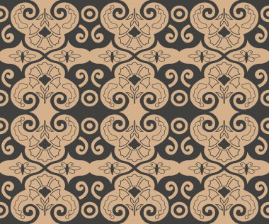 Vektör damasko Dikişsiz retro desen arka plan sarmal eğri botanik bahçesi yaprak çiçek asma çerçeve çapraz. Zarif lüks kahverengi tonlu tasarım duvar kağıtları, arka planında ve sayfa doldurmak için.