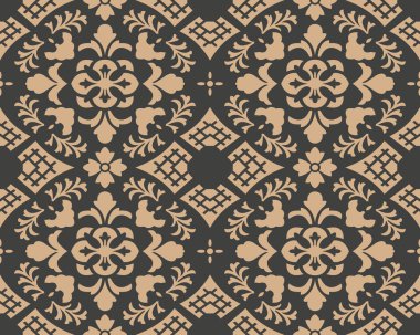 Vektör damasko Dikişsiz retro desen arka plan eğrisi botanik bahçesi yaprak çiçek çapraz. Zarif lüks kahverengi tonlu tasarım duvar kağıtları, arka planında ve sayfa doldurmak için.