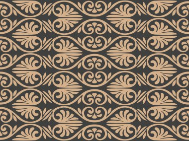 Vektör damasko Dikişsiz retro desen arka plan sarmal eğri çapraz çerçeve yaprak kret. Zarif lüks kahverengi tonlu tasarım duvar kağıtları, arka planında ve sayfa doldurmak için.