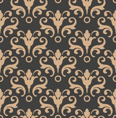 Vektör damasko Dikişsiz retro desen arka plan sarmal eğri çapraz çerçeve yaprak asma çiçek. Zarif lüks kahverengi tonlu tasarım duvar kağıtları, arka planında ve sayfa doldurmak için.