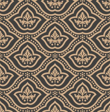 Vektör damasko Dikişsiz retro desen arka plan eğrisi nokta çerçeve satır çiçek yaprak çapraz. Zarif lüks kahverengi tonlu tasarım duvar kağıtları, arka planında ve sayfa doldurmak için.
