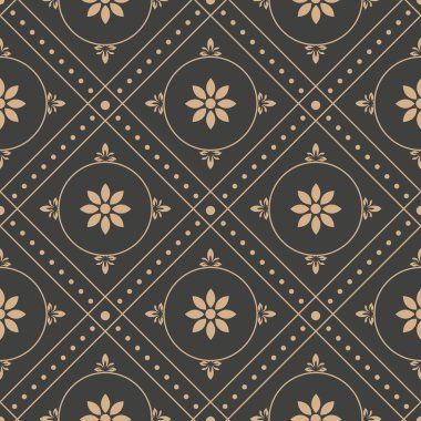 Vektör damasko Dikişsiz retro desen arka plan yuvarlak geometri onay çapraz çerçeve nokta çizgi çiçek. Zarif lüks kahverengi tonlu tasarım duvar kağıtları, arka planında ve sayfa doldurmak için.