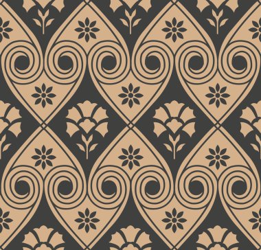 Vektör damasko Dikişsiz retro desen arka plan sarmal girdap çapraz çerçeve yaprak çiçek yuvarlak. Zarif lüks kahverengi tonlu tasarım duvar kağıtları, arka planında ve sayfa doldurmak için.