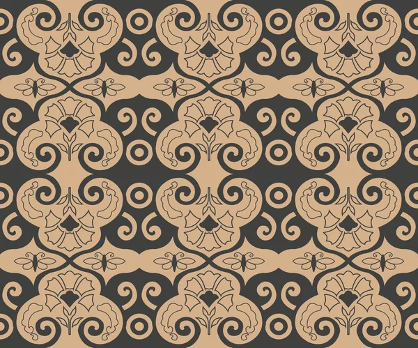 Vektör damasko Dikişsiz retro desen arka plan sarmal eğri botanik bahçesi yaprak çiçek asma çerçeve çapraz. Zarif lüks kahverengi tonlu tasarım duvar kağıtları, arka planında ve sayfa doldurmak için.