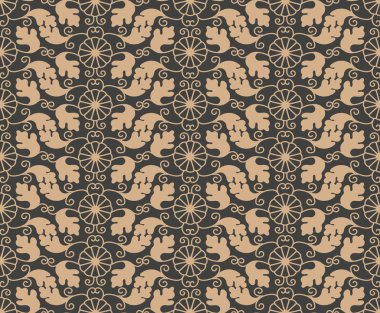 Vektör damasko Dikişsiz retro desen arka plan botanik bahçesi sarmal eğri yaprak asma çiçek çapraz. Zarif lüks kahverengi tonlu tasarım duvar kağıtları, arka planında ve sayfa doldurmak için.