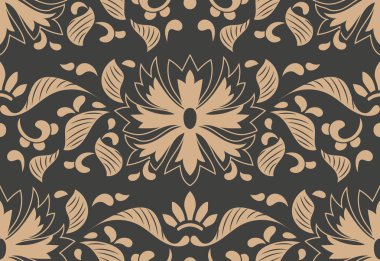 Vektör damasko Dikişsiz retro desen arka plan botanik bahçesi sarmal eğri yaprak asma çiçek çapraz. Zarif lüks kahverengi tonlu tasarım duvar kağıtları, arka planında ve sayfa doldurmak için.