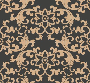 Vektör damasko Dikişsiz retro desen arka plan botanik bahçesi sarmal eğri çapraz çerçeve asma yaprak çiçek. Zarif lüks kahverengi tonlu tasarım duvar kağıtları, arka planında ve sayfa doldurmak için.