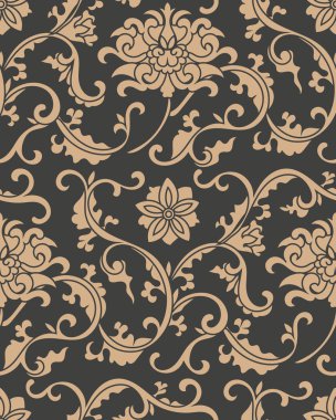 Vektör damasko Dikişsiz retro desen arka plan botanik bahçesi sarmal eğri çapraz çerçeve asma yaprak çiçek. Zarif lüks kahverengi tonlu tasarım duvar kağıtları, arka planında ve sayfa doldurmak için.