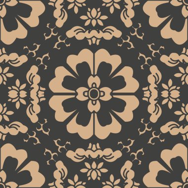Vektör damasko Dikişsiz retro desen arka plan oryantal eğrisi yaprak asma çiçek çapraz yuvarlak. Zarif lüks kahverengi tonlu tasarım duvar kağıtları, arka planında ve sayfa doldurmak için.