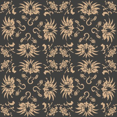 Vektör damasko Dikişsiz retro desen arka plan oryantal sarmal eğri çapraz çerçeve asma yaprak çiçek. Zarif lüks kahverengi tonlu tasarım duvar kağıtları, arka planında ve sayfa doldurmak için.