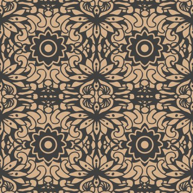 Vektör damasko Dikişsiz retro desen arka plan oryantal sarmal eğri çapraz çerçeve asma yaprak çiçek. Zarif lüks kahverengi tonlu tasarım duvar kağıtları, arka planında ve sayfa doldurmak için.