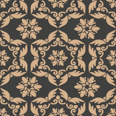 Vektör damasko Dikişsiz retro desen arka plan oryantal sarmal eğri çapraz çerçeve asma yaprak çiçek. Zarif lüks kahverengi tonlu tasarım duvar kağıtları, arka planında ve sayfa doldurmak için.