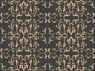 Vektör damasko Dikişsiz retro desen arka plan sarmal eğri botnaic Bahçe çerçeve yaprak asma çiçek çapraz. Zarif lüks kahverengi tonlu tasarım duvar kağıtları, arka planında ve sayfa doldurmak için.