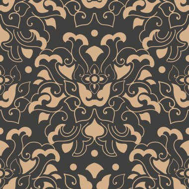 Vektör damasko Dikişsiz retro desen arka plan sarmal eğri botnaic Bahçe çerçeve yaprak asma çiçek çapraz. Zarif lüks kahverengi tonlu tasarım duvar kağıtları, arka planında ve sayfa doldurmak için.