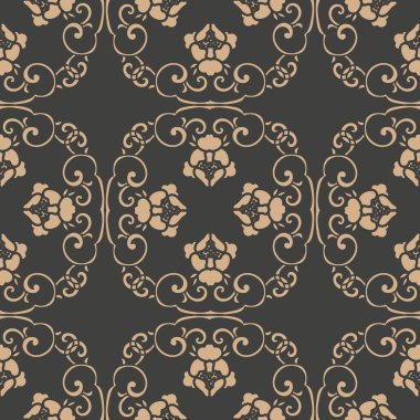 Vektör damasko Dikişsiz retro desen arka plan oryantal sarmal eğri Çokgen yaprak asma çiçek çapraz. Zarif lüks kahverengi tonlu tasarım duvar kağıtları, arka planında ve sayfa doldurmak için.
