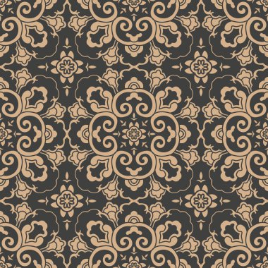 Vektör damasko Dikişsiz retro desen arka plan oryantal sarmal eğri çapraz çerçeve yaprak asma çiçek. Zarif lüks kahverengi tonlu tasarım duvar kağıtları, arka planında ve sayfa doldurmak için.