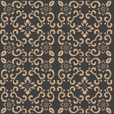 Vektör damasko Dikişsiz retro desen arka plan oryantal yuvarlak sarmal eğri çapraz çerçeve asma yaprak çiçek zinciri. Zarif lüks kahverengi tonlu tasarım duvar kağıtları, arka planında ve sayfa doldurmak için.
