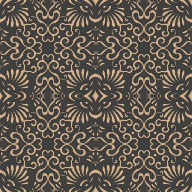 Vektör damasko Dikişsiz retro desen arka plan oryantal yuvarlak sarmal eğri çapraz çerçeve asma yaprak çiçek zinciri. Zarif lüks kahverengi tonlu tasarım duvar kağıtları, arka planında ve sayfa doldurmak için.