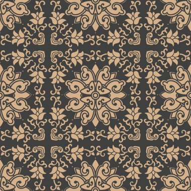 Vektör damasko Dikişsiz retro desen arka plan oryantal yuvarlak sarmal eğri çapraz çerçeve asma yaprak çiçek zinciri. Zarif lüks kahverengi tonlu tasarım duvar kağıtları, arka planında ve sayfa doldurmak için.
