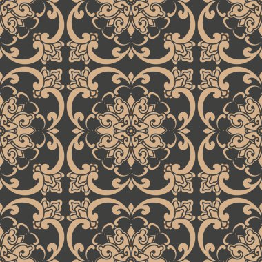 Vektör damasko Dikişsiz retro desen arka plan oryantal yuvarlak sarmal eğri çapraz çerçeve asma yaprak çiçek zinciri. Zarif lüks kahverengi tonlu tasarım duvar kağıtları, arka planında ve sayfa doldurmak için.