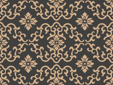 Vektör damasko Dikişsiz retro desen arka plan oryantal yuvarlak sarmal eğri çapraz çerçeve asma yaprak çiçek zinciri. Zarif lüks kahverengi tonlu tasarım duvar kağıtları, arka planında ve sayfa doldurmak için.