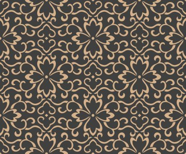 Vektör damasko Dikişsiz retro desen arka plan oryantal sarmal eğri çapraz çerçeve yaprak asma çiçek zinciri. Zarif lüks kahverengi tonlu tasarım duvar kağıtları, arka planında ve sayfa doldurmak için.