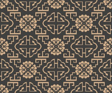 Vektör damasko Dikişsiz retro desen arka plan oryantal geometri sarmal çapraz kare örgü yaprak asma zinciri çiçek. Zarif lüks kahverengi tonlu tasarım duvar kağıtları, arka planında ve sayfa doldurmak için.