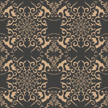 Vektör damasko Dikişsiz retro desen arka plan oryantal sarmal eğri çapraz çerçeve zinciri kret kafes. Zarif lüks kahverengi tonlu tasarım duvar kağıtları, arka planında ve sayfa doldurmak için.