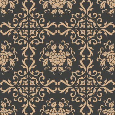 Vektör damasko Dikişsiz retro desen arka plan sarmal eğri oryantal çerçeve zincir yaprak asma çiçek çapraz. Zarif lüks kahverengi tonlu tasarım duvar kağıtları, arka planında ve sayfa doldurmak için.
