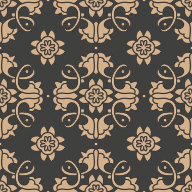 Vektör damasko Dikişsiz retro desen arka plan sarmal eğri oryantal çerçeve zincir yaprak asma çiçek çapraz. Zarif lüks kahverengi tonlu tasarım duvar kağıtları, arka planında ve sayfa doldurmak için.