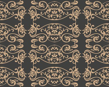 Vektör damasko Dikişsiz retro desen arka plan sarmal eğri oryantal çerçeve zincir yaprak asma çiçek çapraz. Zarif lüks kahverengi tonlu tasarım duvar kağıtları, arka planında ve sayfa doldurmak için.