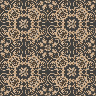 Vektör damasko Dikişsiz retro desen arka plan sarmal eğri oryantal çerçeve zincir yaprak asma çiçek çapraz. Zarif lüks kahverengi tonlu tasarım duvar kağıtları, arka planında ve sayfa doldurmak için.