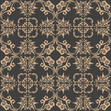 Vektör damasko Dikişsiz retro desen arka plan sarmal eğri oryantal çerçeve zincir yaprak asma çiçek çapraz. Zarif lüks kahverengi tonlu tasarım duvar kağıtları, arka planında ve sayfa doldurmak için.
