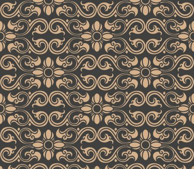 Vektör damasko Dikişsiz retro desen arka plan sarmal eğri oryantal çerçeve zinciri asma çiçek çapraz. Zarif lüks kahverengi tonlu tasarım duvar kağıtları, arka planında ve sayfa doldurmak için.