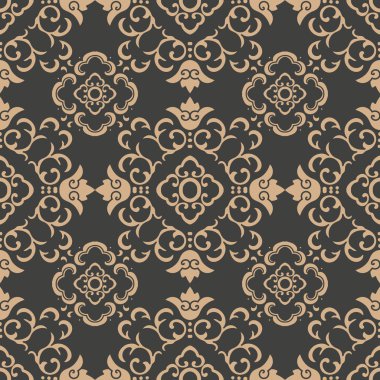 Vektör damasko Dikişsiz retro desen arka plan sarmal eğri oryantal çerçeve zinciri asma çiçek çapraz. Zarif lüks kahverengi tonlu tasarım duvar kağıtları, arka planında ve sayfa doldurmak için.