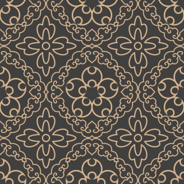 Vektör damasko Dikişsiz retro desen arka plan sarmal eğri çapraz çerçeve asma çiçek yuvarlak. Zarif lüks kahverengi tonlu tasarım duvar kağıtları, arka planında ve sayfa doldurmak için.