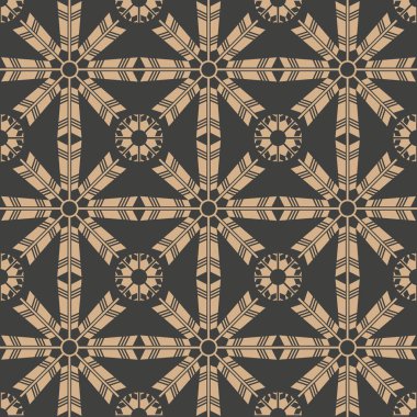 Vektör damasko Dikişsiz retro desen arka plan Aborijin ok tüy çiçek çerçeve çapraz. Zarif lüks kahverengi tonlu tasarım duvar kağıtları, arka planında ve sayfa doldurmak için.
