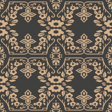 Vektör damasko Dikişsiz retro desen arka plan botanik bahçesi sarmal eğri çapraz çerçeve zincir yaprak çiçek. Zarif lüks kahverengi tonlu tasarım duvar kağıtları, arka planında ve sayfa doldurmak için.